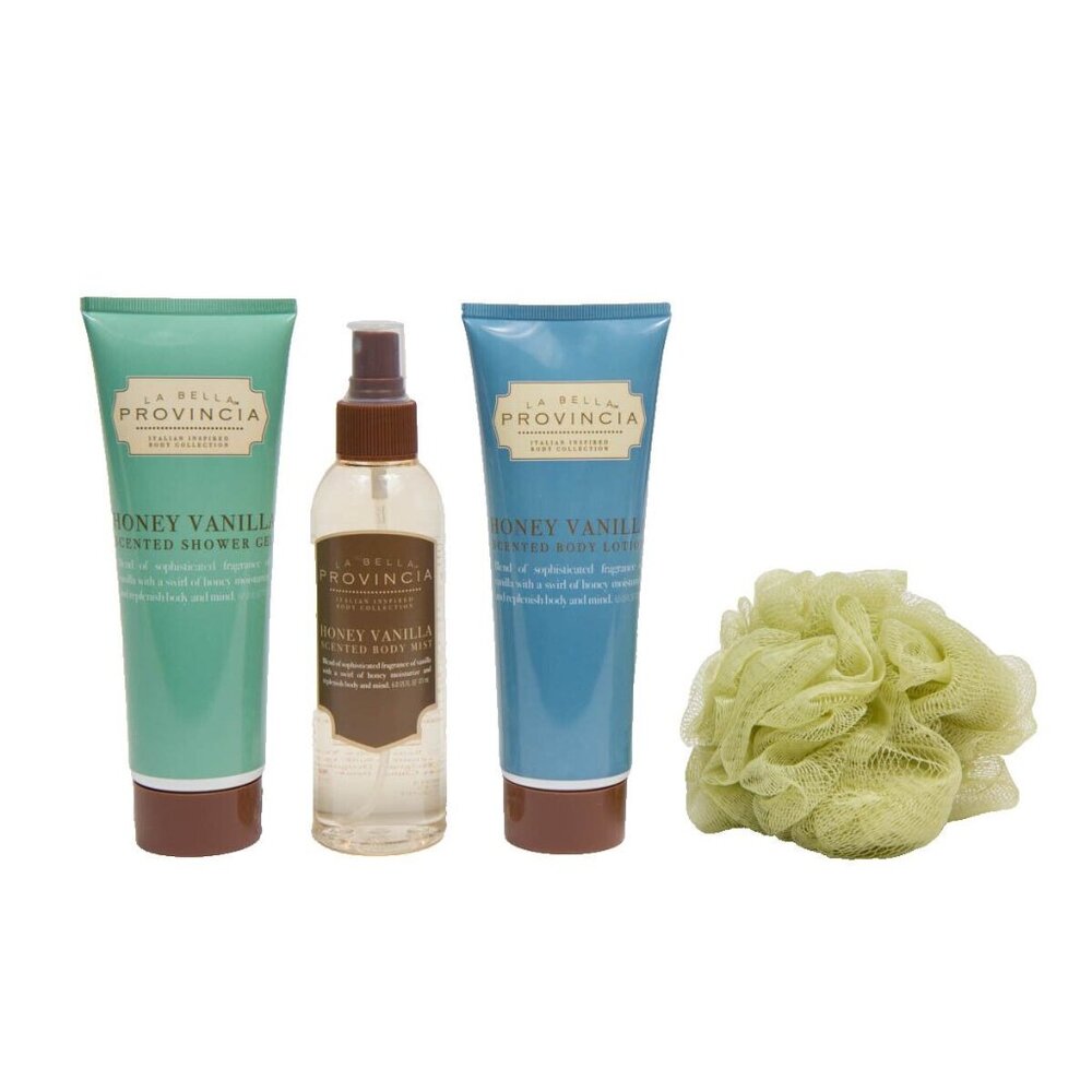 La Bella Provincia Honey Vanilla Bath Set Shower Gel Body Mist Body Lotion Pouf